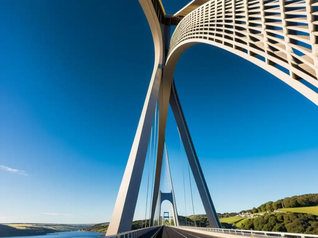 Detalle impresionante de cables y soportes metálicos del Puente Tamar, resplandeciendo bajo la luz solar, mostrando su ingeniería única