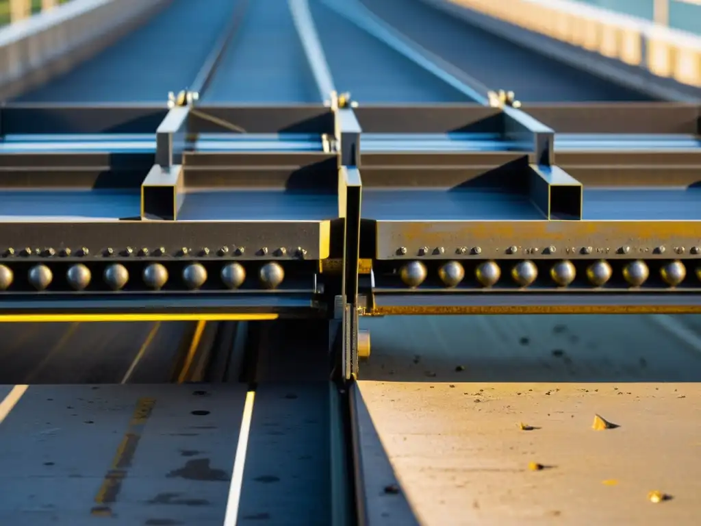 Detalle impresionante de un componente clave en la ingeniería de puentes icónicos adaptados a cambios de temperatura