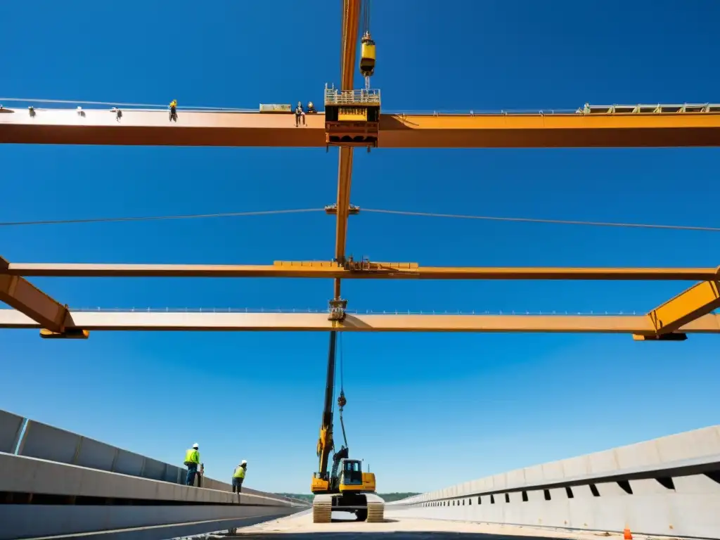 Detalle impresionante de construcción de puente, con trabajadores colocando paneles de concreto