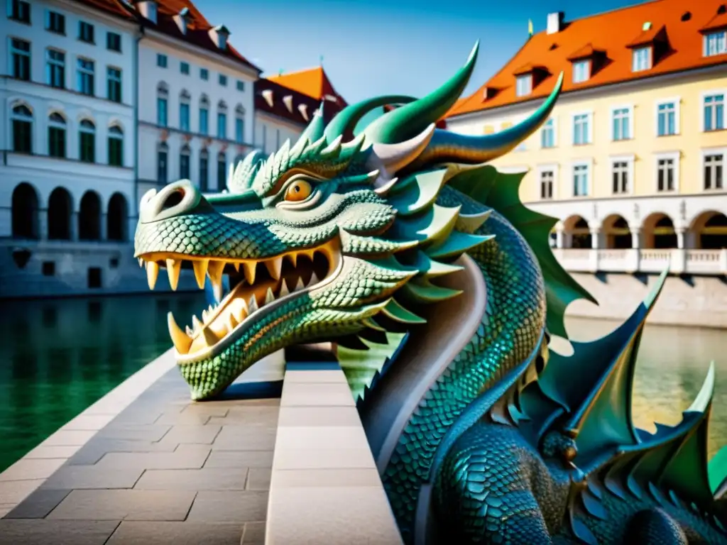 Detalle impresionante de los dragones que adornan el imponente Puente de los Dragones en Liubliana, Eslovenia