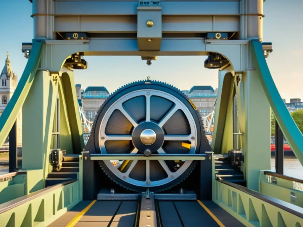 Detalle impresionante del funcionamiento del puente levadizo de Tower Bridge en Londres, con engranajes, poleas y sistemas hidráulicos interconectados