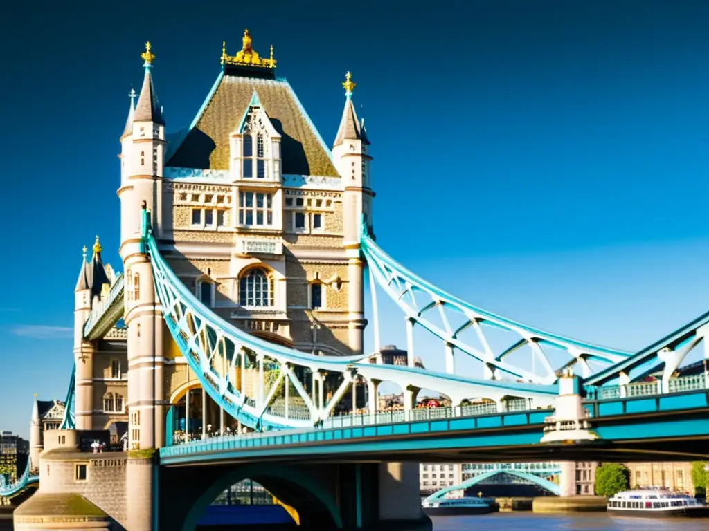 Detalle impresionante del Tower Bridge en Londres, con la luz del sol iluminando el río Támesis