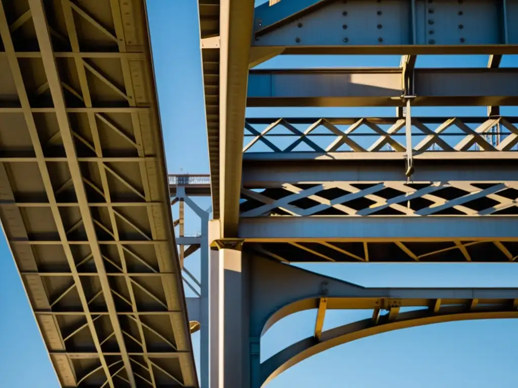 Detalle impresionante de un puente de acero, con juego de luces y sombras