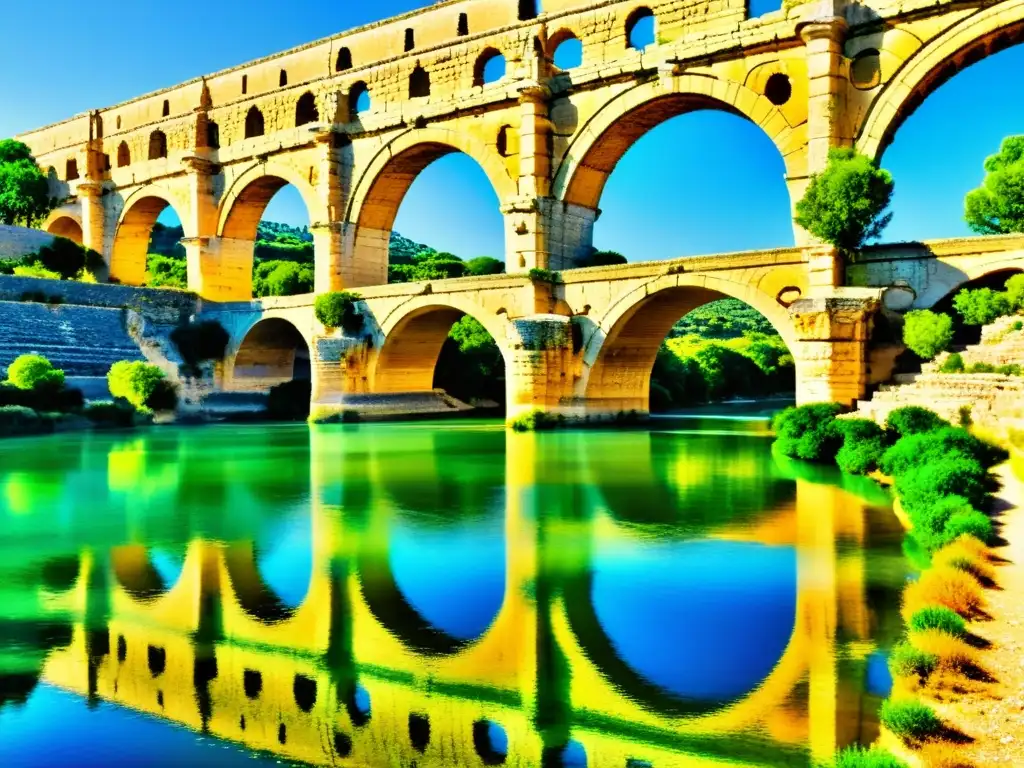 Detalle impresionante del Puente de Pont du Gard acueducto romano, mostrando su belleza atemporal y majestuosa