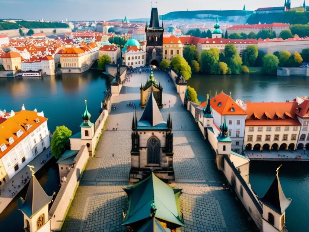 Detalle impresionante del Puente Charles, con arquitectura gótica, intrincadas esculturas en piedra y altas agujas en Praga