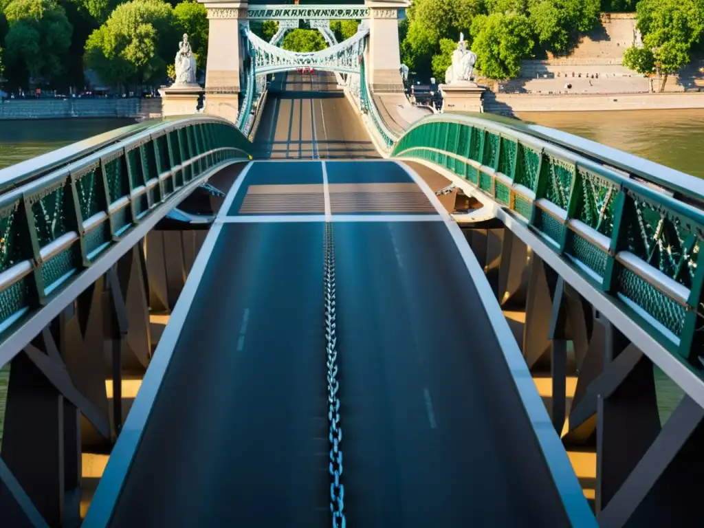 Detalle impresionante del Puente de las Cadenas en Budapest, resaltando su icónico diseño y la interacción de luz y sombra