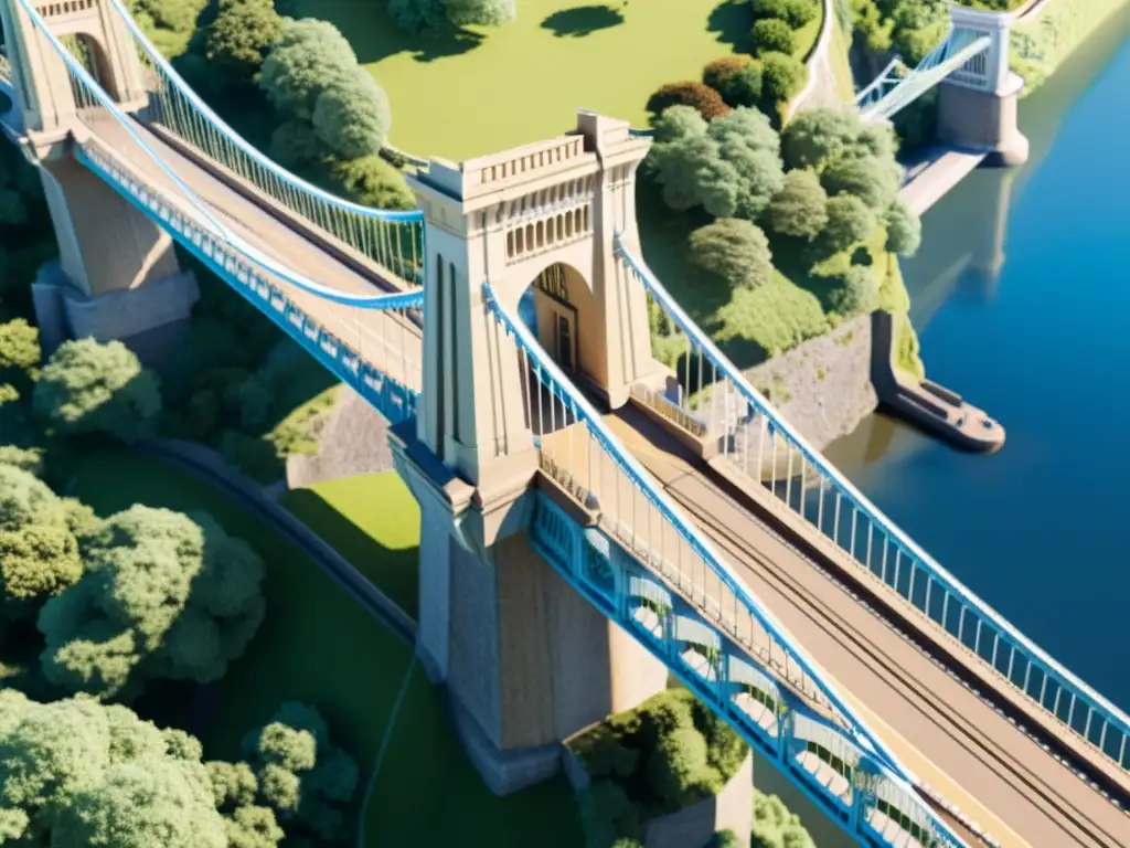 Detalle 3D impresionante del Puente Colgante de Clifton representación, con precisión arquitectónica y juego de luz en un cielo azul