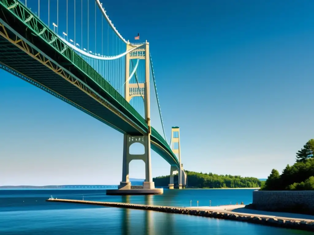 Detalle impresionante del Puente de Mackinac, mostrando su estructura histórica y arquitectónica junto a los Grandes Lagos