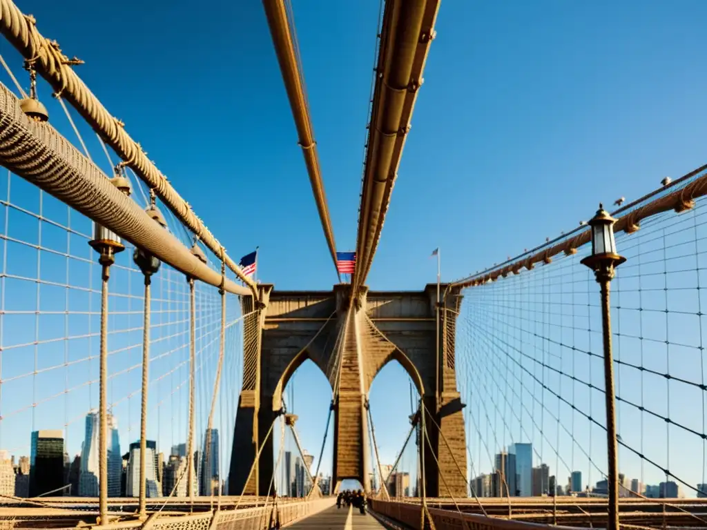 Detalle impresionante del puente de Brooklyn, resaltando su majestuosidad y diseño icónico