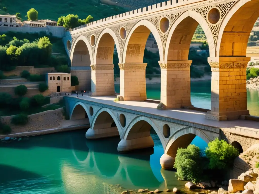 Detalle impresionante del Puente de Malabadi en Turquía, con arcos de piedra y grabados históricos, iluminados por el sol y rodeados de paisaje