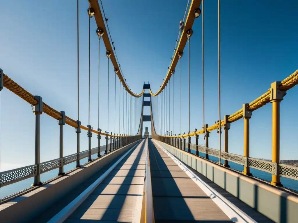 Detalle impresionante de un puente en suspensión, resaltando la terminología arquitectónica puentes en un deslumbrante juego de luces y sombras