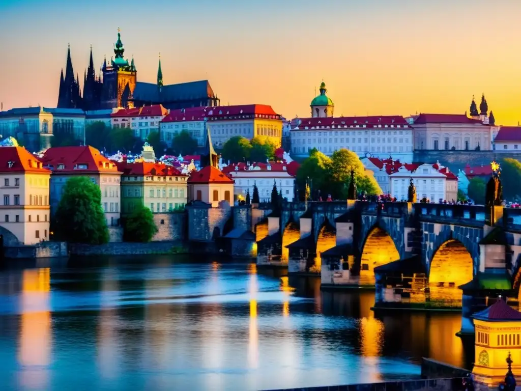 Detalle de la impresionante restauración del puente antiguo de Praga, con el sol dorado sobre el río Vltava y el Castillo de Praga al fondo