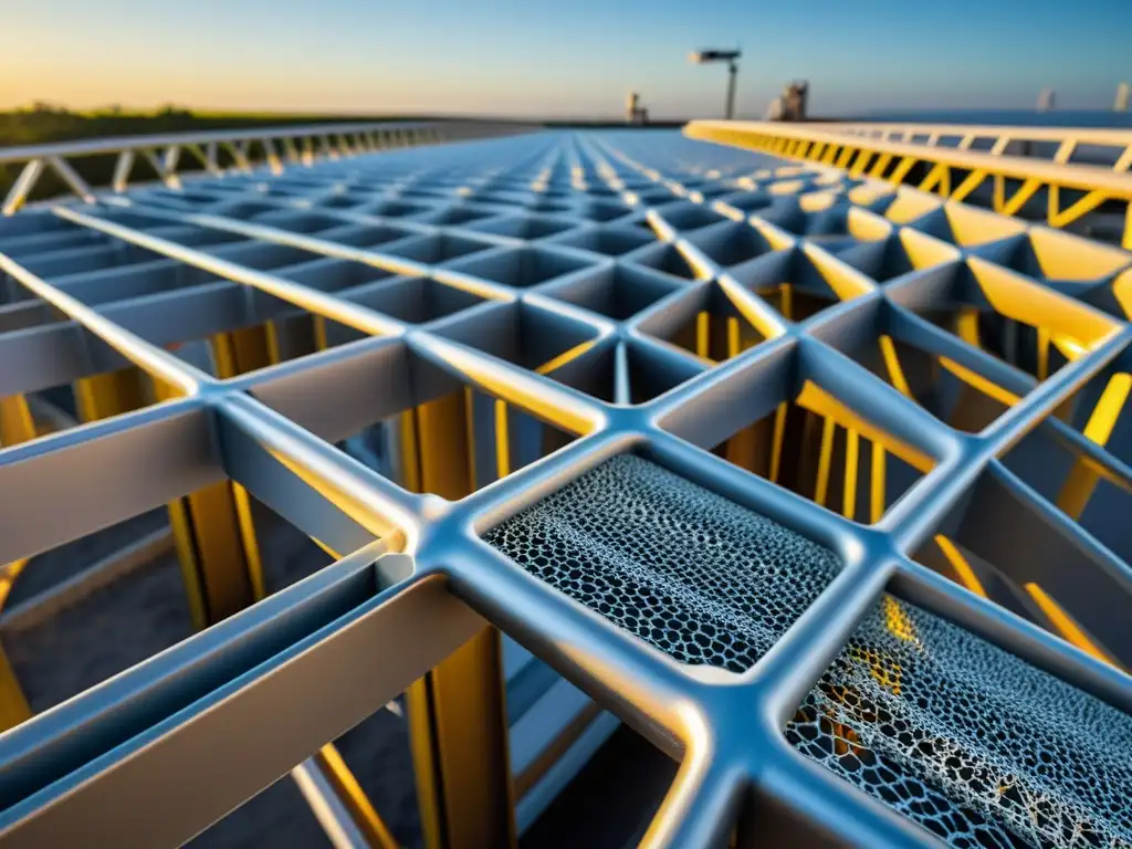 Detalle impresionante de un soporte de puente de espuma metálica en construcción, resaltando su ingeniería precisa y materiales avanzados