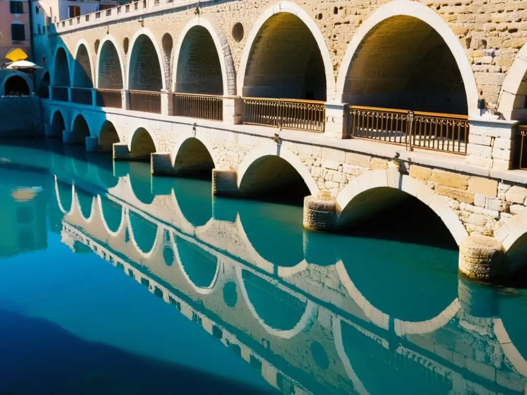 Detalle de los impresionantes arcos y pilares del Puente Tiberio en Rimini, Italia, resaltando su historia y belleza romana