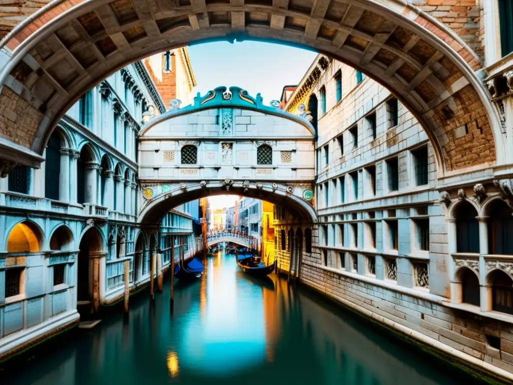 Detalle de las intrincadas esculturas de piedra del histórico Puente de los Suspiros en Venecia, evocando su romántica historia y encanto centenario