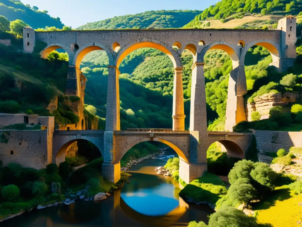 Detalle intrincado del Puente de Alcántara en cálida luz dorada, resaltando su importancia histórica y su entorno natural