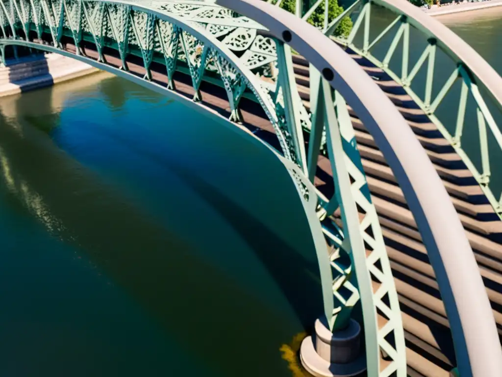 Detalle del intrincado hierro del Puente de la Libertad en Budapest, con luz solar filtrándose y sombras dramáticas, sobre el río Danubio