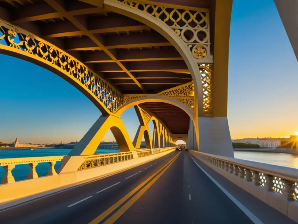 Detalle 3D de la majestuosa arquitectura del Puente de Alejandro III, con esculturas, faroles y arcos, bañado por la cálida luz dorada del atardecer