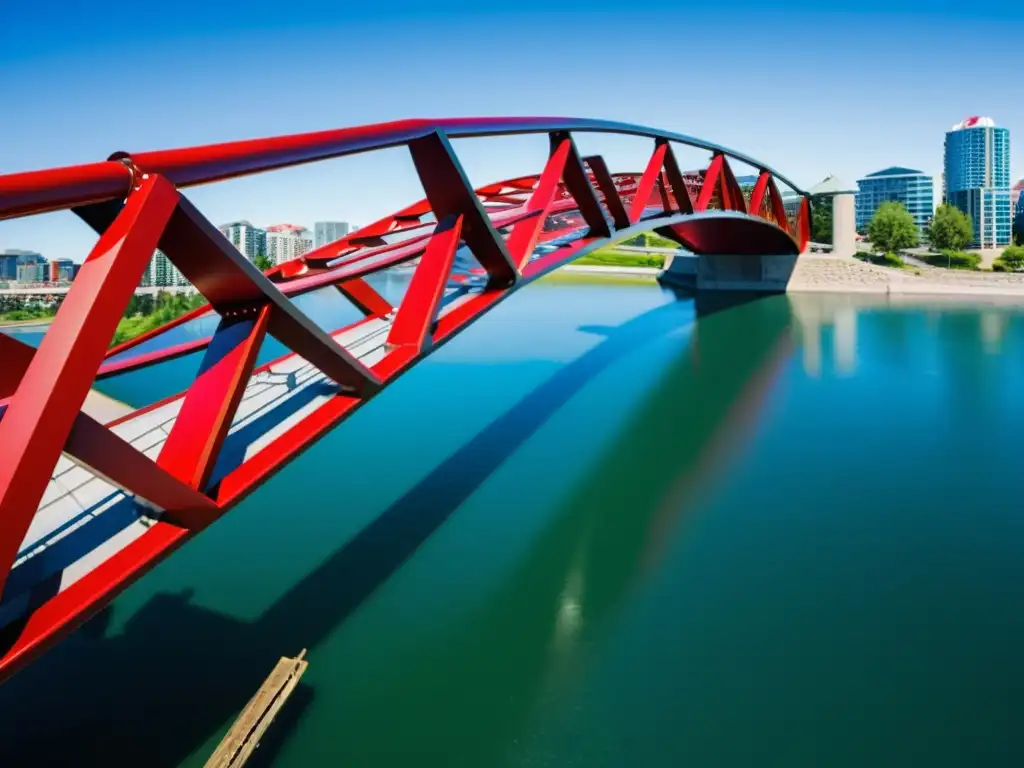 Detalle del moderno y elegante diseño de acero y vidrio del Puente de la Paz en Calgary, con juego de luz y sombra, reflejando la ingeniería icónica