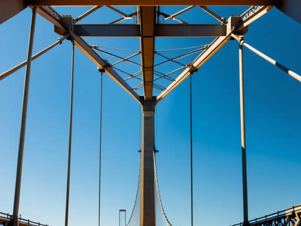 Detalle de puente de acero suspendido, redes de cables y sol filtrándose