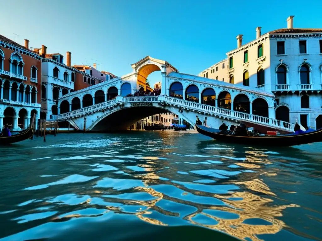 Detalle del Puente de Rialto en Venecia, con su arquitectura icónica y actividad animada en el Gran Canal, inspirando arte y belleza atemporal