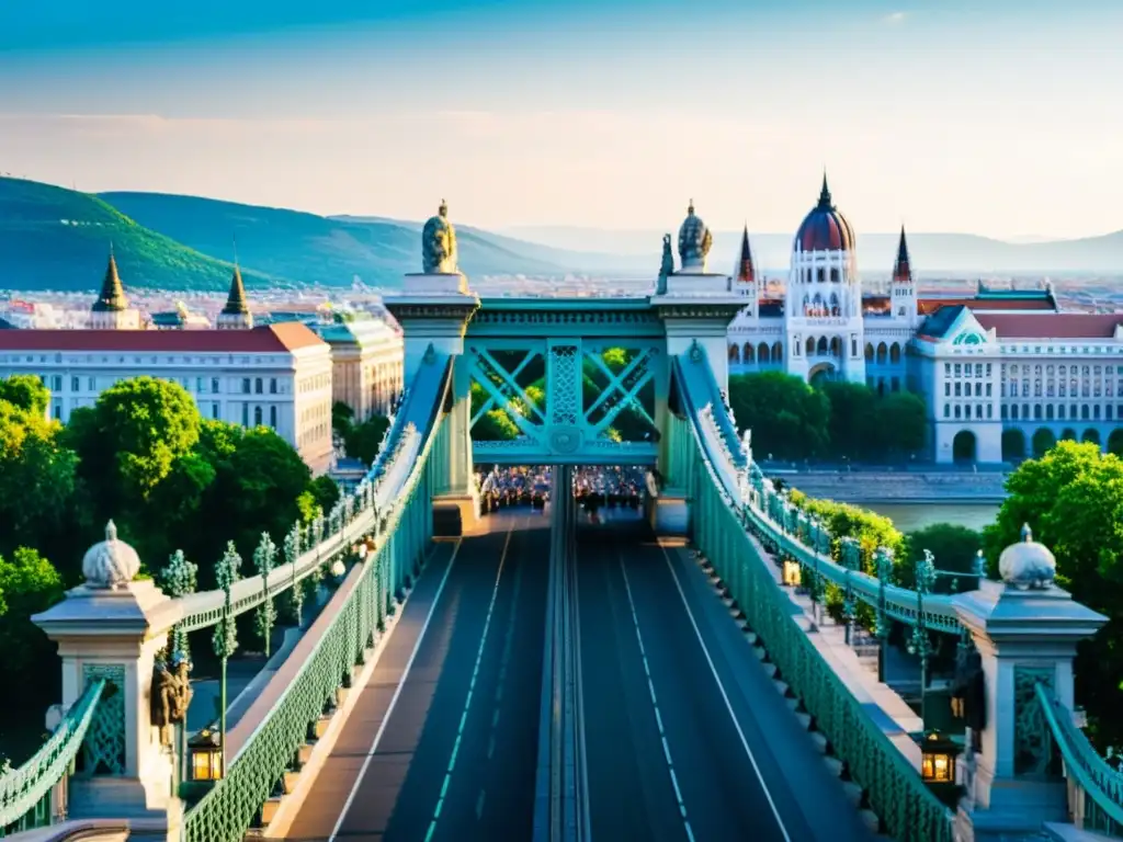 Detalle del Puente de las Cadenas en Budapest con turistas y vista del río Danubio