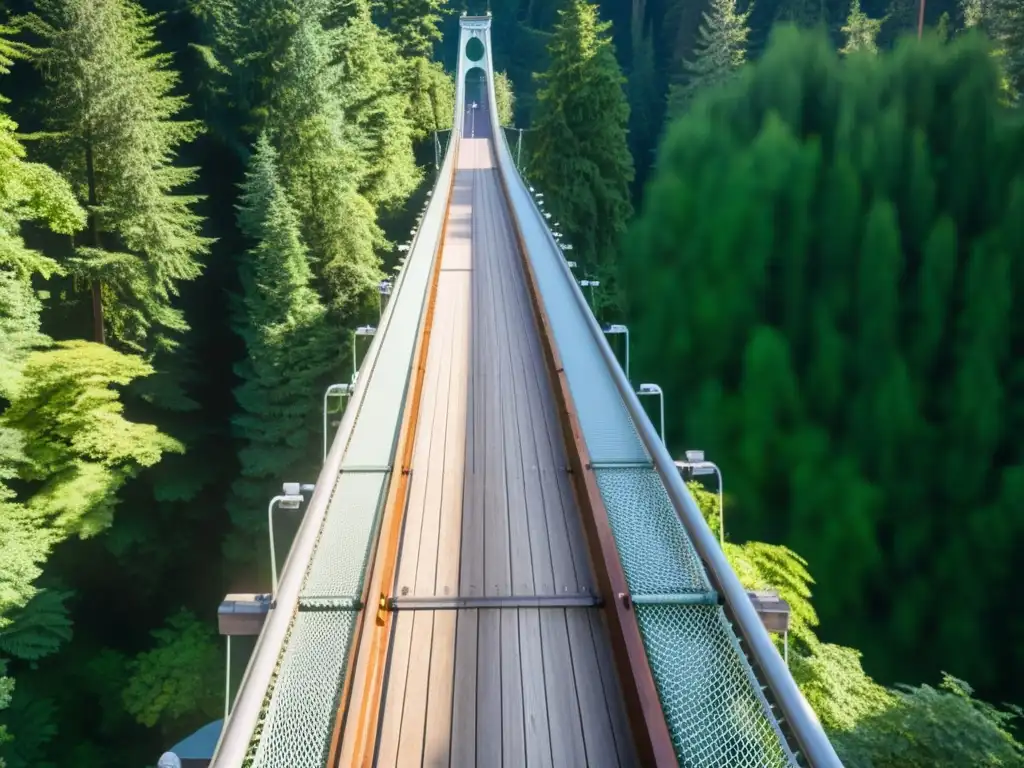 Detalle del Puente colgante Capilano integrado en un entorno natural impresionante, con luz filtrada entre la frondosa vegetación