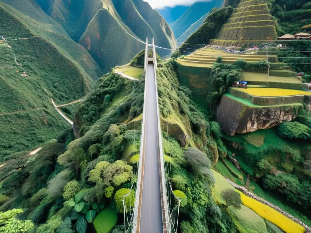 Detalle del puente colgante Q'eswachaka, con tejido inca tradicional sobre un impresionante paisaje andino