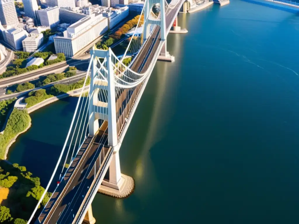 Detalle 8k del Puente Akashi Kaikyō, mostrando su diseño arquitectónico y juego de luces y sombras en cables y torres de acero