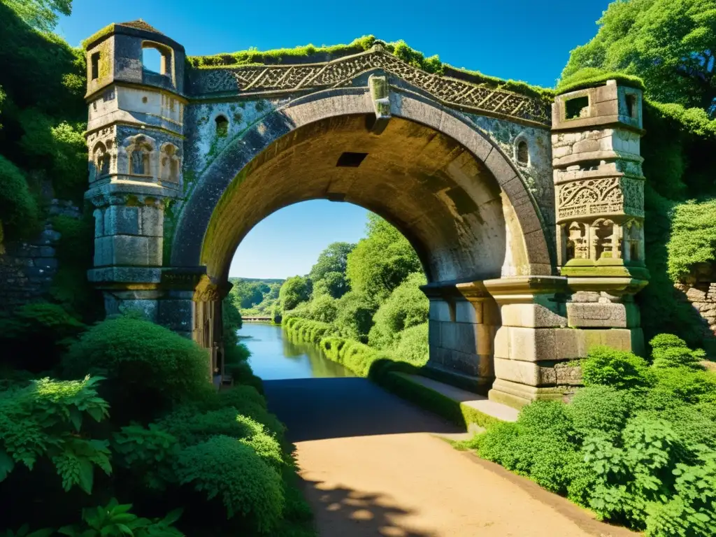 Detalle de un puente histórico con arcos cubiertos de musgo, tallados antiguos y un entorno natural exuberante