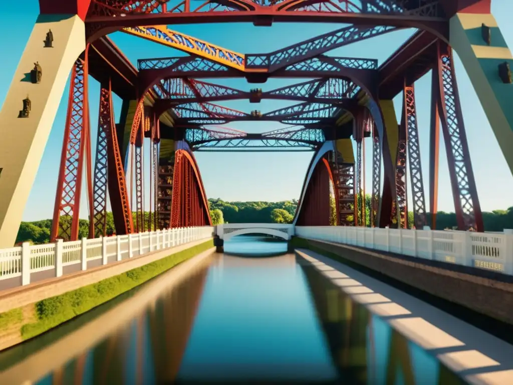 Detalle de puente histórico con elementos de realidad aumentada, fusionando arquitectura tradicional con tecnología moderna