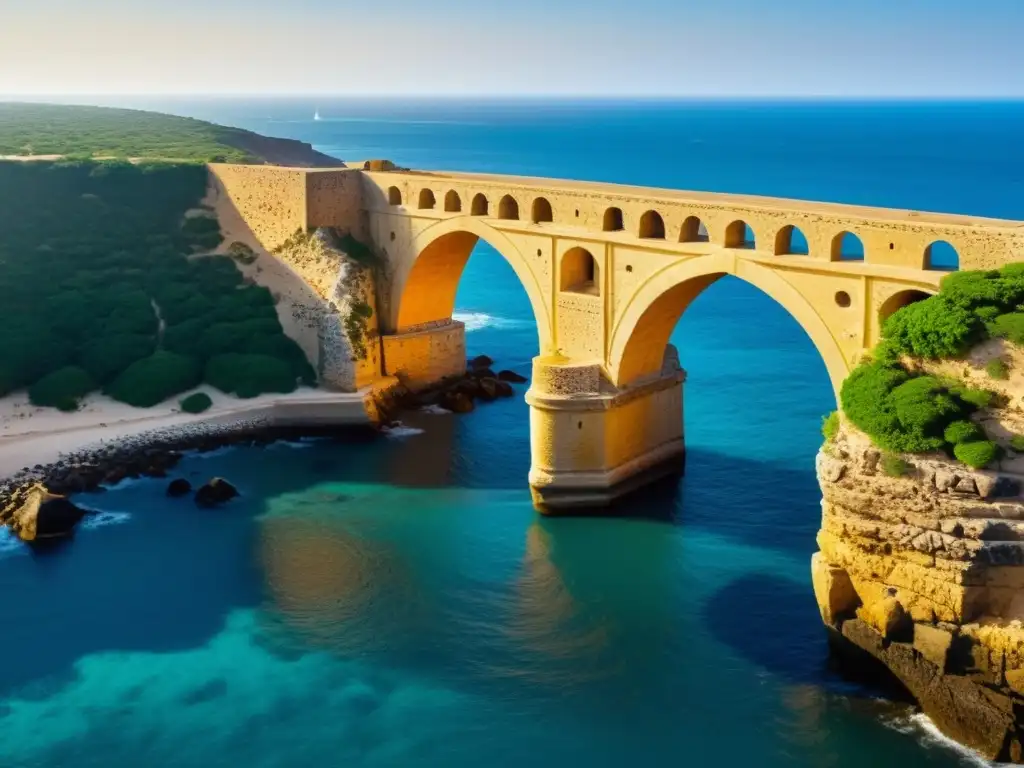 Detalle del Puente de Isla de Gorea en Senegal, con arcos de piedra ocre frente al océano Atlántico