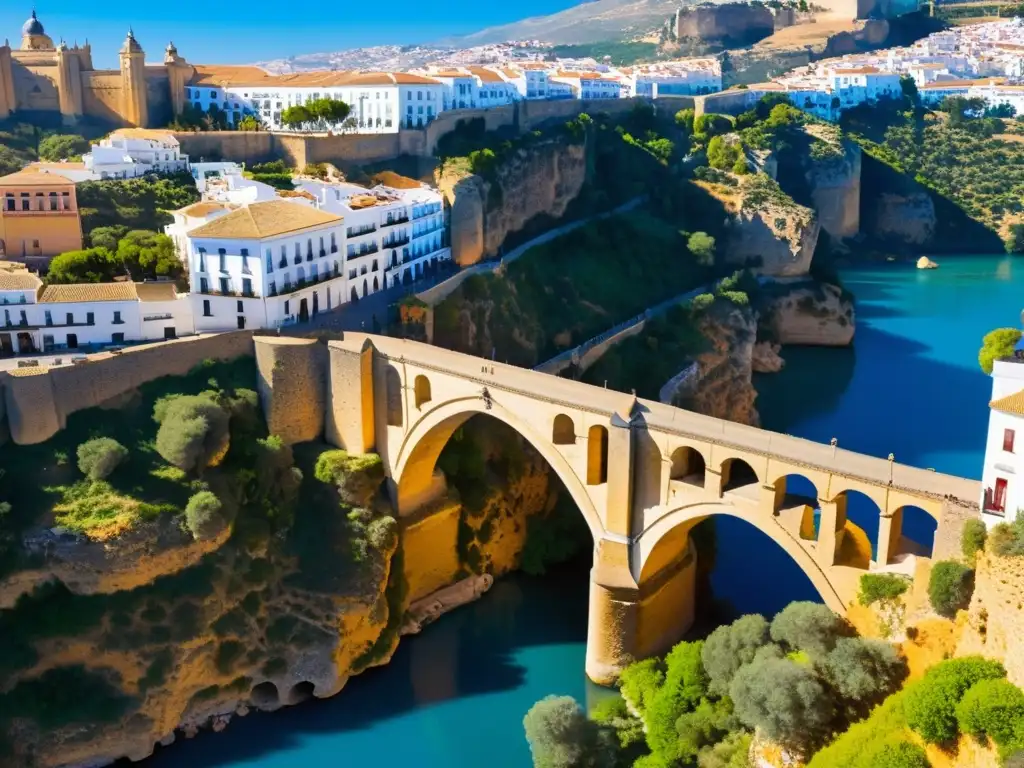 Detalle del Puente Nuevo de Ronda Andalucía, con su arquitectura e integración en el paisaje, bajo un cielo azul vibrante