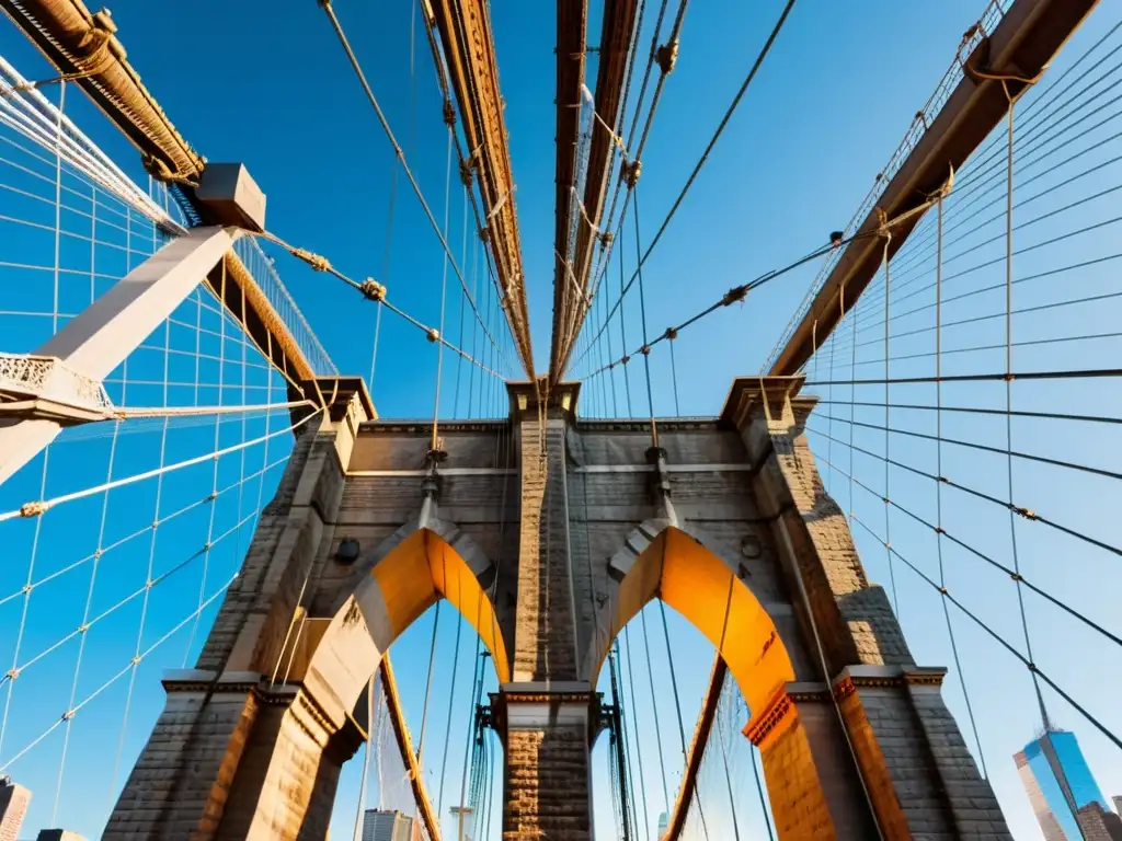 Detalle realista de cables de acero en el puente de Brooklyn, resaltando su arquitectura gótica e ingeniería icónica