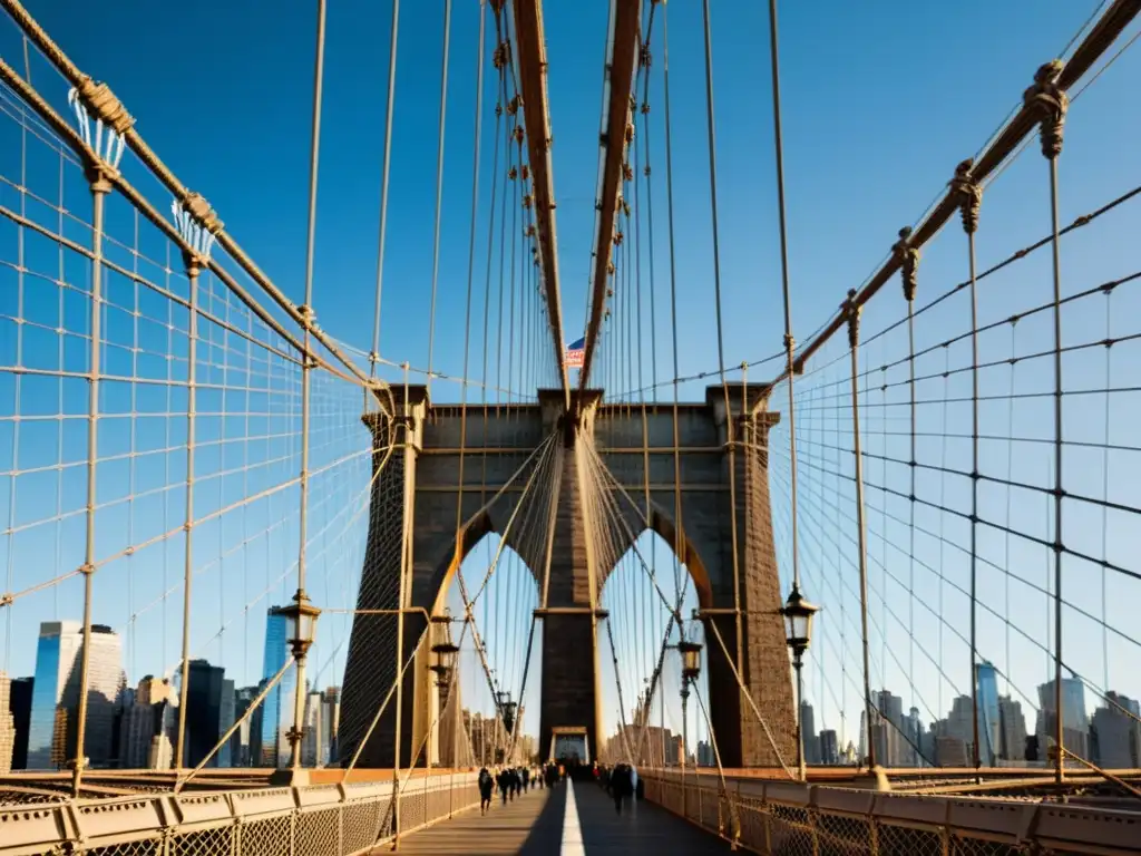 Detalle de los secretos ocultos del Puente de Brooklyn: Intrincados cables de acero y arcos góticos, juego de luz y sombra