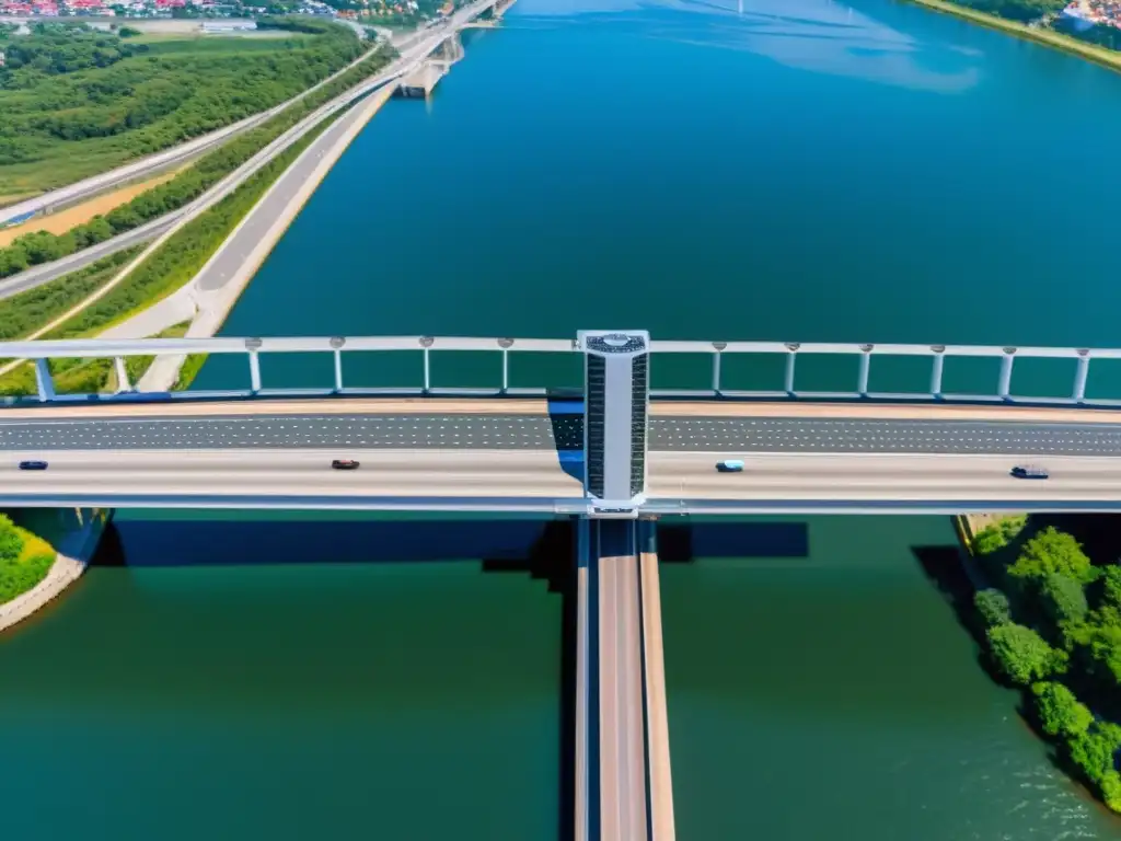 Detalle de sensores de mantenimiento predictivo en puente moderno, mostrando tecnología punta y fusión de ingeniería en ciudades inteligentes