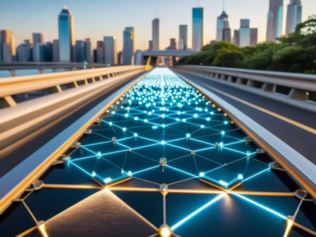 Detalle de la tecnología piezoeléctrica en puentes, capturando la integración innovadora en el bullicioso entorno urbano