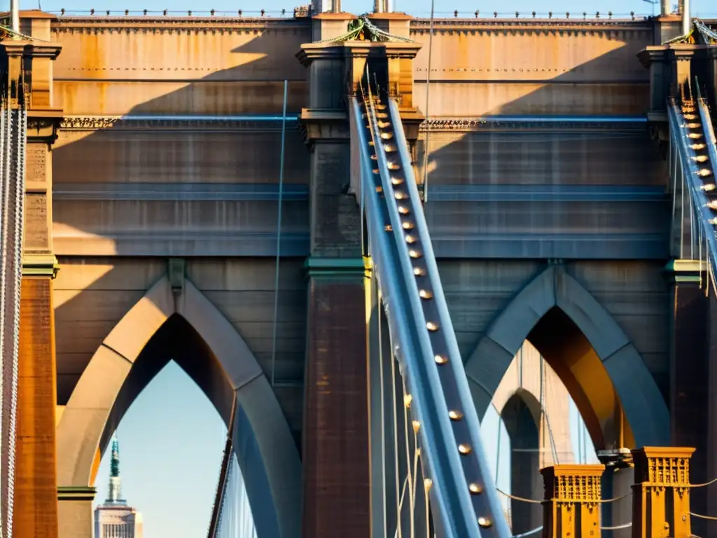 Detalles de acero y luz en el Puente de Brooklyn al atardecer