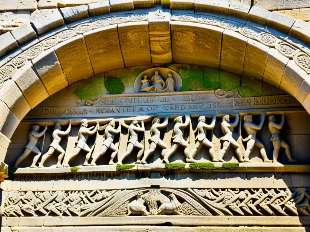 Detalles de las antiguas esculturas en el arco del puente romano Pont du Gard, mostrando la textura desgastada, musgo y artesanía histórica