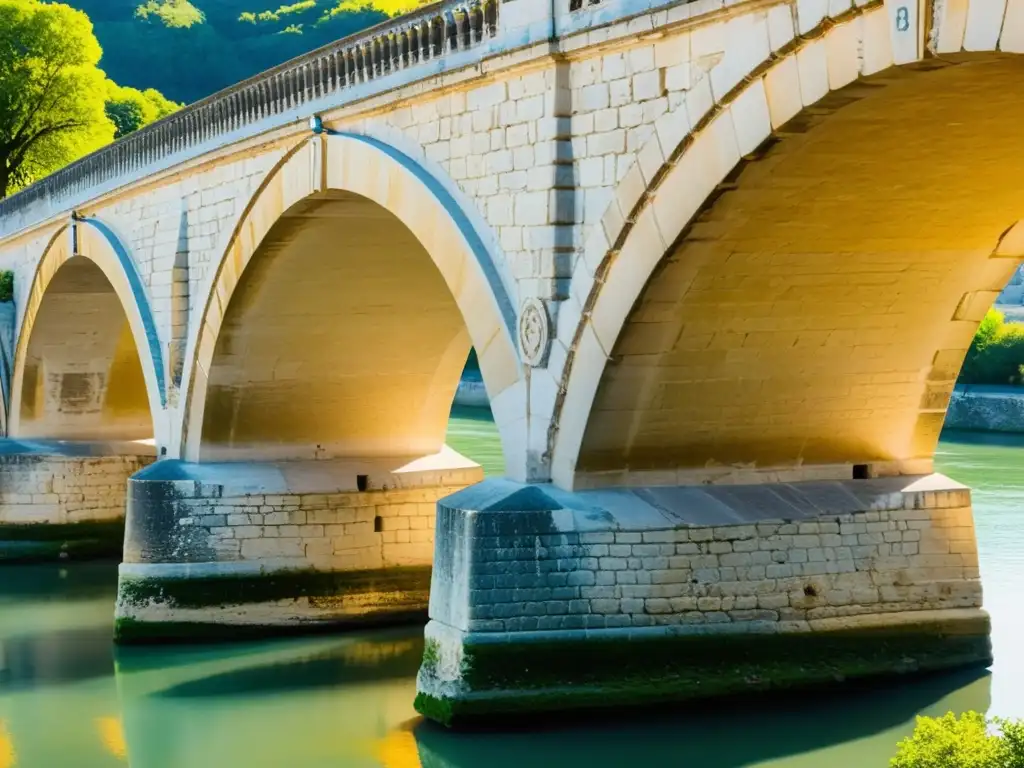 Detalles antiguos de las piedras del Puente de Avignon resaltan su historia y arquitectura centenaria, bañados por la cálida luz del sol