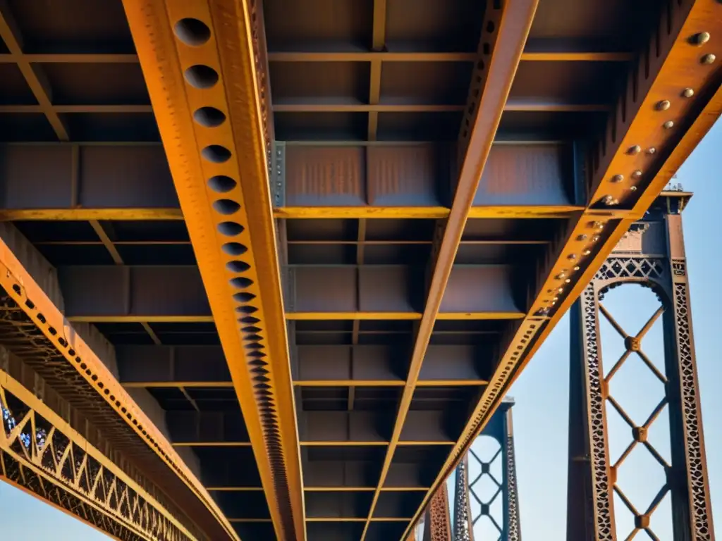 Detalles arquitectónicos impresionantes: intrincados remaches de acero y patrones de óxido en el puente, resaltando su belleza estructural