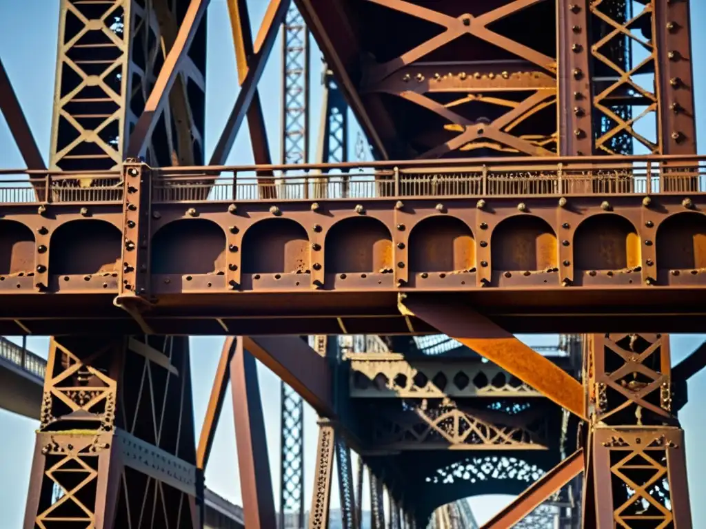 Detalles arquitectónicos impresionantes: macrofoto de la intrincada estructura de hierro de un puente, resaltando su pátina y durabilidad