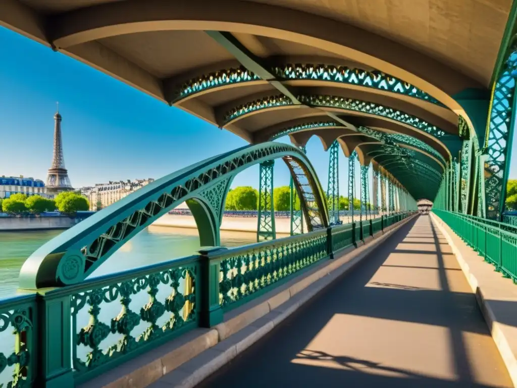 Detalles arquitectónicos majestuosos del Puente Alejandro III en París, resaltados por la luz y la sombra