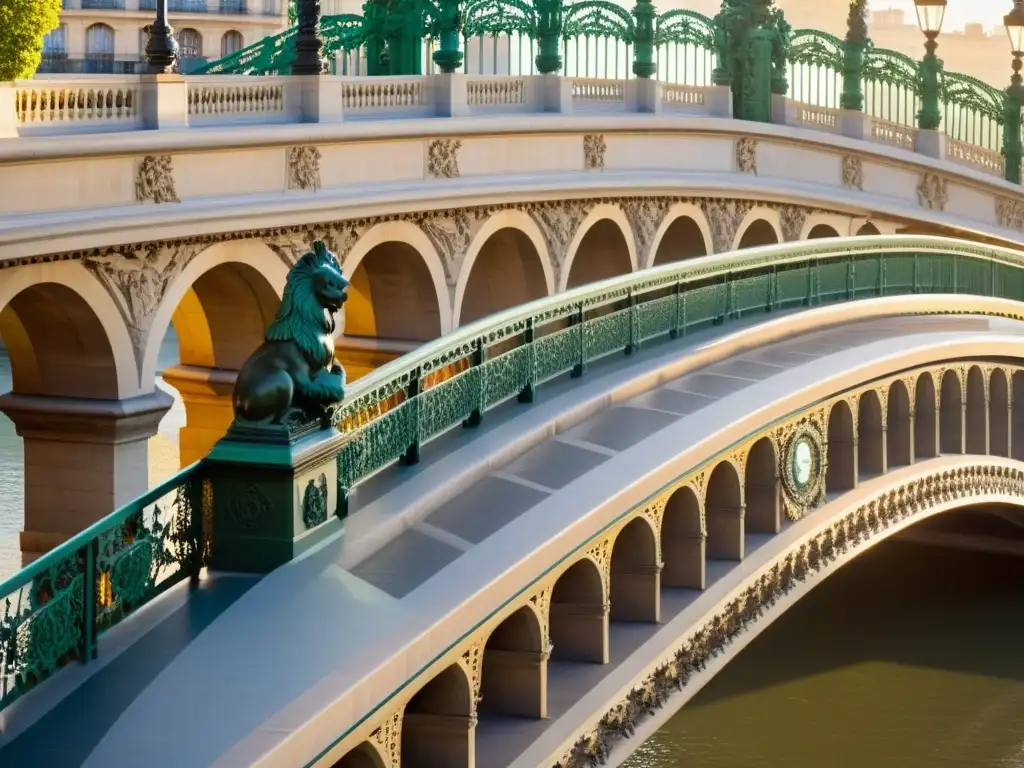 Detalles arquitectónicos del Puente de Alejandro III en París, con esculturas ornamentales y juegos de luz y sombra