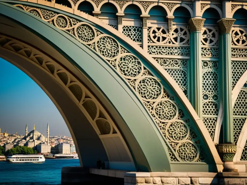 Detalles arquitectónicos del Puente Galata en Estambul, capturando su significado cultural e histórico con impresionante claridad