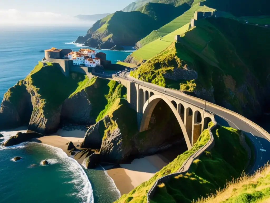 Detalles arquitectónicos del Puente de San Juan de Gaztelugatxe, resaltados por la luz solar en un paisaje costero dramático