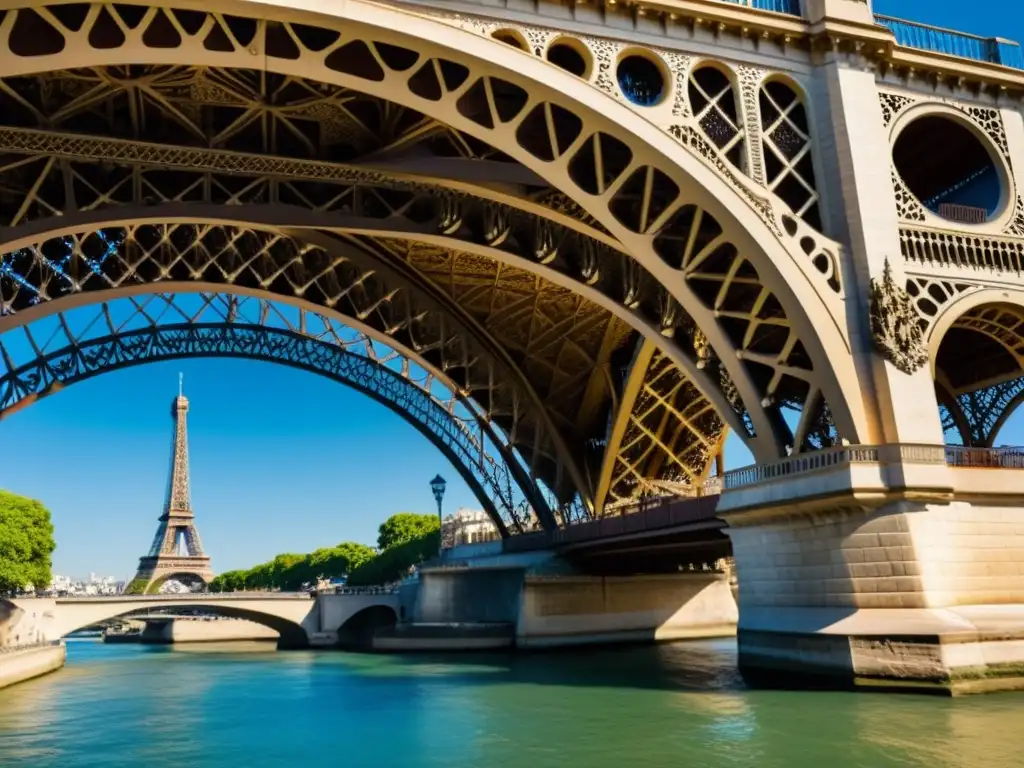 Detalles arquitectónicos del Puente Alejandro III con la Torre Eiffel al fondo, destacando su ornamento y belleza