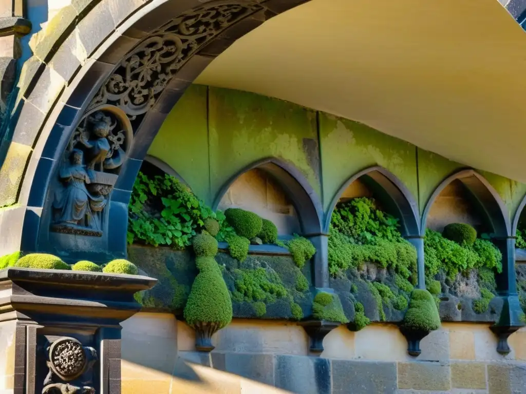 Detalles de la arquitectura gótica en el Puente Charles de Praga, con sombras y musgo, evocando su historia y textura única