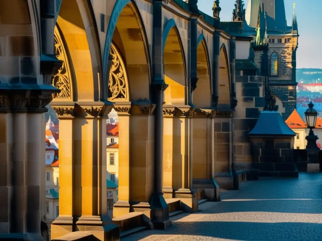 Detalles arquitectura gótica del Puente Carlos en Praga, bañados por la luz dorada del atardecer