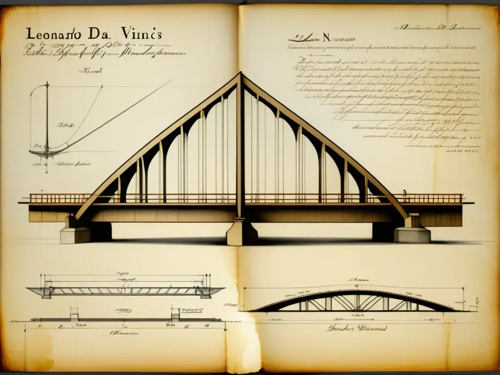 Detalles de los bocetos originales de Leonardo da Vinci para puentes, mostrando su genio visionario en el diseño de puentes